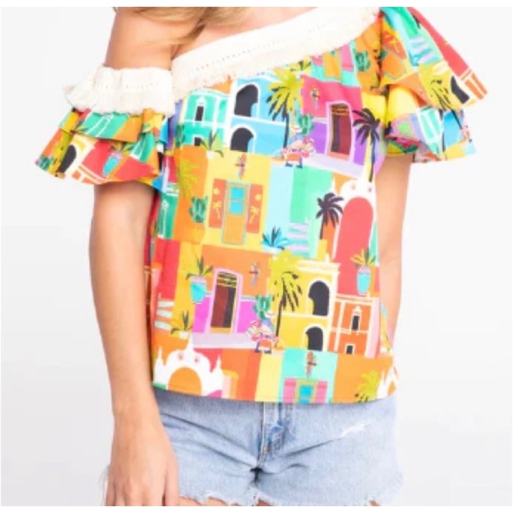 Alden Adair Farah Casablanca Tropical Village Print Off Shoulder Ruffle Top S